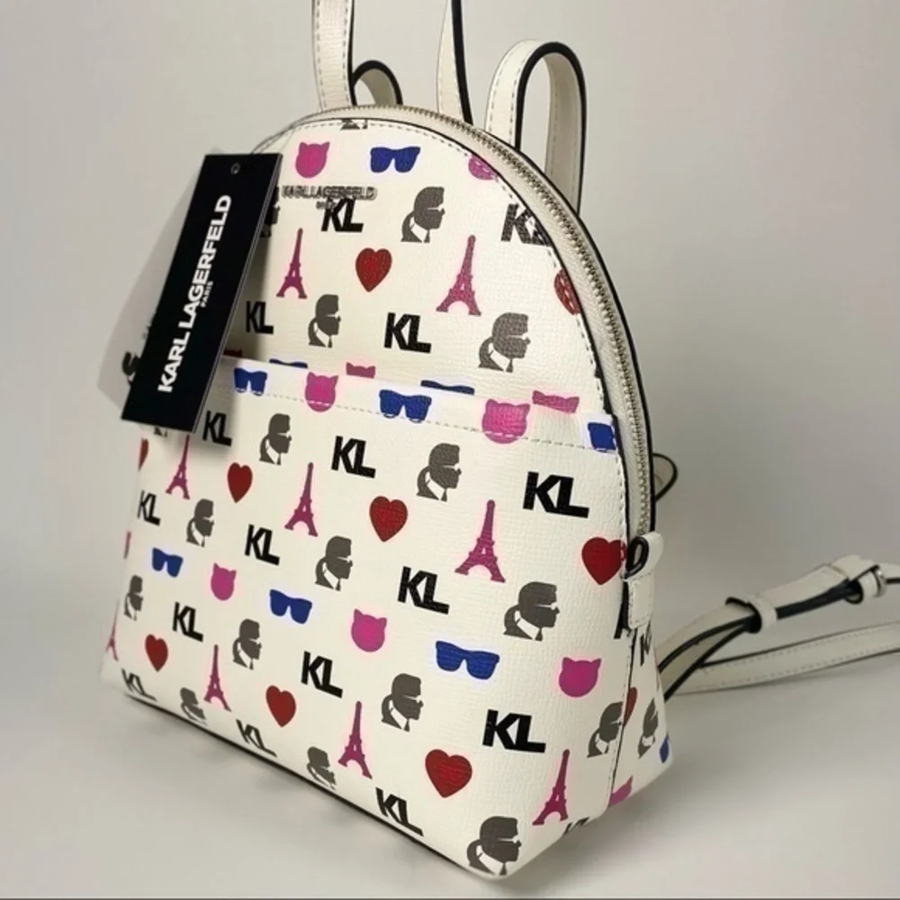 Karl Lagerfeld Backpack Bag Paris Maybelle  White Signature Eiffel Tower Print